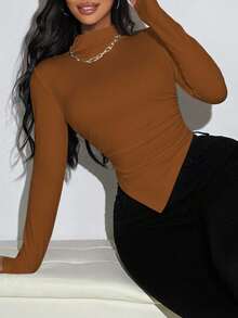 BamGleam 休闲纯色立领不对称下摆长袖 T 恤 - 棕色 - 查看 6