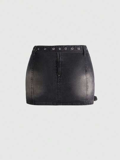 ROMWE Avant Jupe mini en jean pour femmes décorée de rivets et œillets vintage punk Y2K