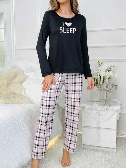 Letter Graphic Tee Plaid Pants PJ Set Pajama Set, Fall Clothes view 4