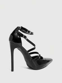 CUCCOO SZL 女士黑色尖头细高跟性感派对踝带镂空高跟鞋 - 黑色 - 查看 8