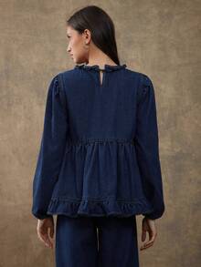 WESTFADE Round Neck Long Puff Sleeve Floral Embroidered Tiered Ruffle Fit & Flare Cotton Blend Denim Babydoll Top Fall, Autumn, Winter, Boho, Casual, Cute, Country Western Wear