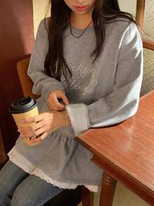 DAZY Sudadera casual con cuello redondo, decoración de perlas y forro térmico para mujer, para otoño/invierno - Gris - Ver 5