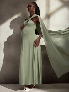 SHEIN Cherish Maternity Elegant Beaded Decor Maternity Dress For Photoshoot - Green - View 5