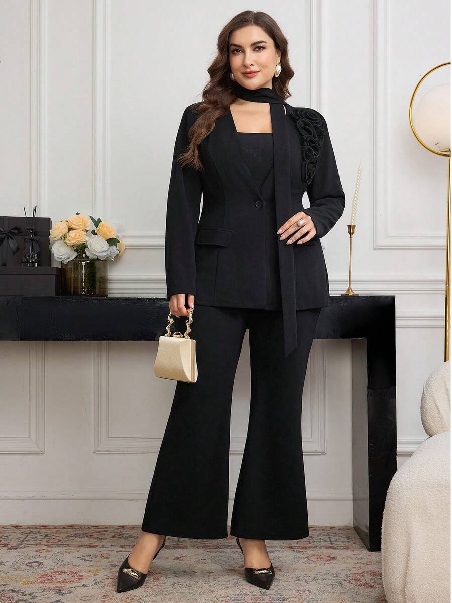 Modelyn 女士加大码黑色西装套装，花卉装饰丝带设计喇叭裤两件套 - 黑色 - 查看 1