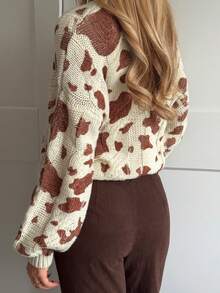 SHEIN EZwear New Fall Brown Sweater Women Clothes Old Money Autumn Women's Casual Stand Collar Milk Texture Sweater, Autumn/Winter Cow Print Sweater Brown Sweater Women Winter Sweater Fall Sweater,Leopard Print Top - Brown - View 2