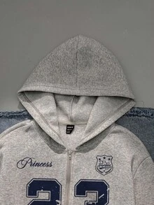 SHEIN EZwear Sudadera con capucha con cremallera de punto gris Attitoon, estilo universitario con patrón de insignia, talla 23, sudadera casual y elegante para mujer para otoño/invierno