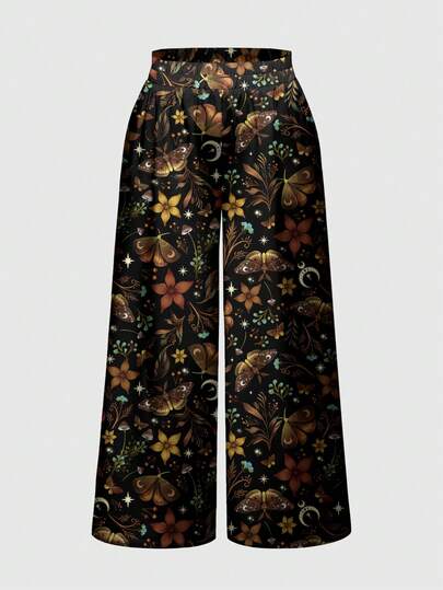 Goth Pantalones anchos de pierna ancha con estampado de hojas, talla grande, estilo gótico hippie, otoño/invierno