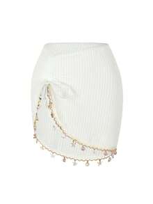 Swim Lushoire 女士夏季沙滩度假抽绳褶皱海星贝壳流苏纯色特殊纹理面料开衩裙摆白色短裙，适合搭配泳衣、比基尼、网球裙等。白色罩裙，贝壳边饰裹身裙，沙滩罩裙，女士沙滩裙。 - 白色 - 查看 3