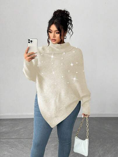 Elenzga Plus Size Women's Asymmetrical High Neck Long Sleeve Fashionable Sexy Pearl Solid Color Pullover Sweater, Winter