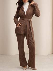 Modelyn 女士简约纯色系带长袖针织开衫和针织裤套装 - 駝色 - 查看 4