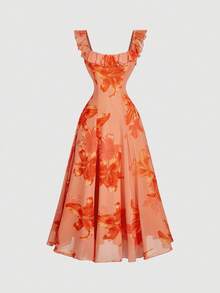 SHEIN MOD 女士花卉植绒荷叶边网眼连衣裙、正式连衣裙、舞会礼服、邮轮女士服装、万圣节礼服、90 年代服装、返校节礼服、伴娘礼服、秋季婚礼宾客礼服、巫婆服装、早午餐女士服装 - 橘色 - 查看 1