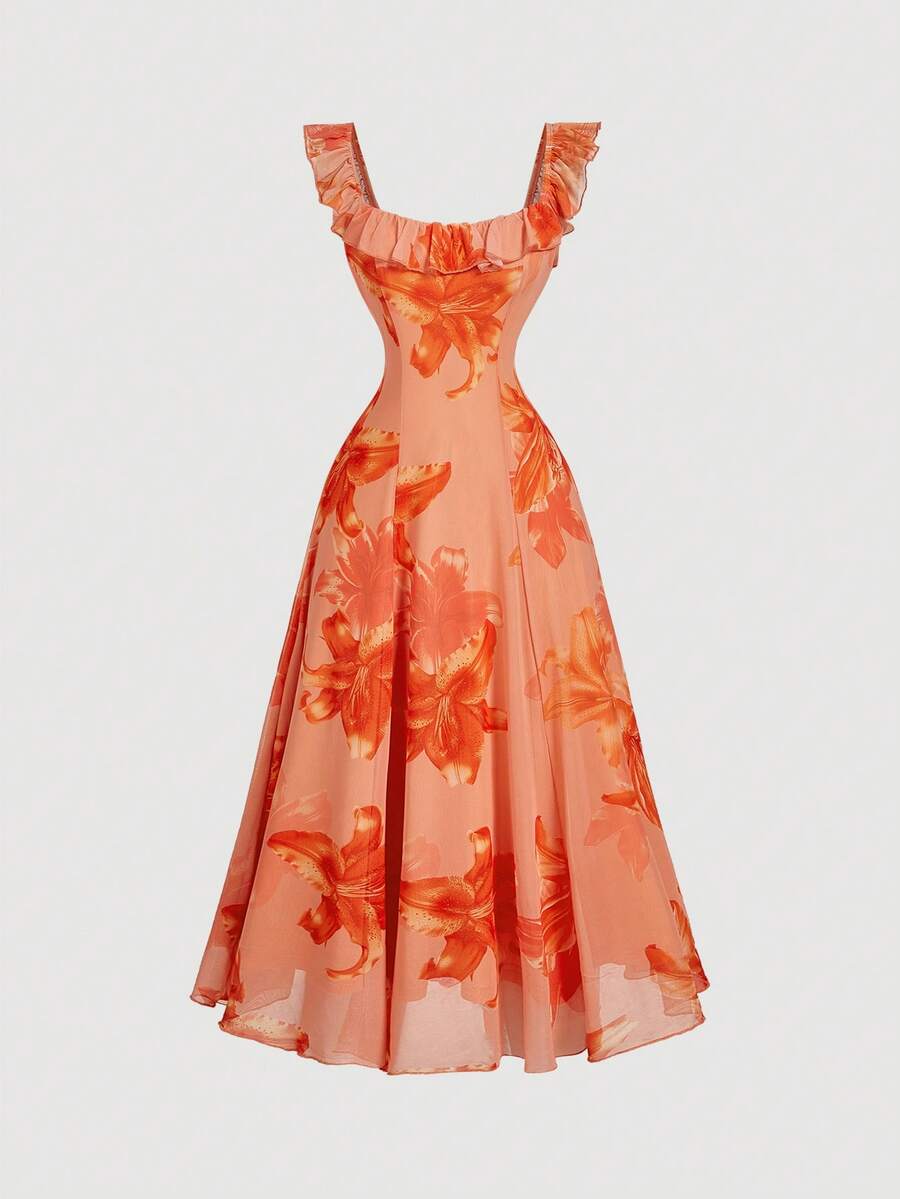 SHEIN MOD 女士花卉植绒荷叶边网眼连衣裙、正式连衣裙、舞会礼服、邮轮女士服装、万圣节礼服、90 年代服装、返校节礼服、伴娘礼服、秋季婚礼宾客礼服、巫婆服装、早午餐女士服装 - 橘色 - 查看 1