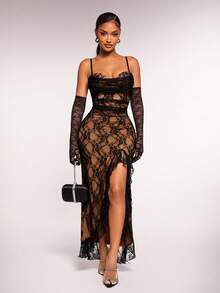 Radiana Vestido elegante y sexy de encaje negro con volantes y tirantes (con sujetador acolchado), vestido de encaje ajustado, vestido de gala, tela de encaje elástica que se ajusta a las curvas, adecuado para citas, reuniones, cumpleaños, fiestas, banquetes, bailes, clubes, salidas nocturnas, Navidad, Año Nuevo, vacaciones - Negro - Ver 3