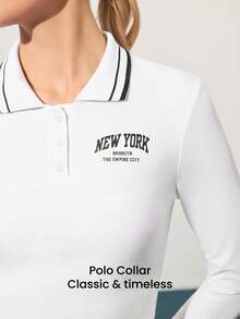 CourtClass 女式字母条纹长袖短款运动 Polo 衫 - 白色 - 查看 3