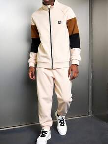 Vacaura 2pcs/Set Teenage Boys Casual Contrast Color Patchwork Hoodie And Drawstring Pants Outfit, Suitable For Autumn/Winter Daily, Commuting, School, Sports Wear