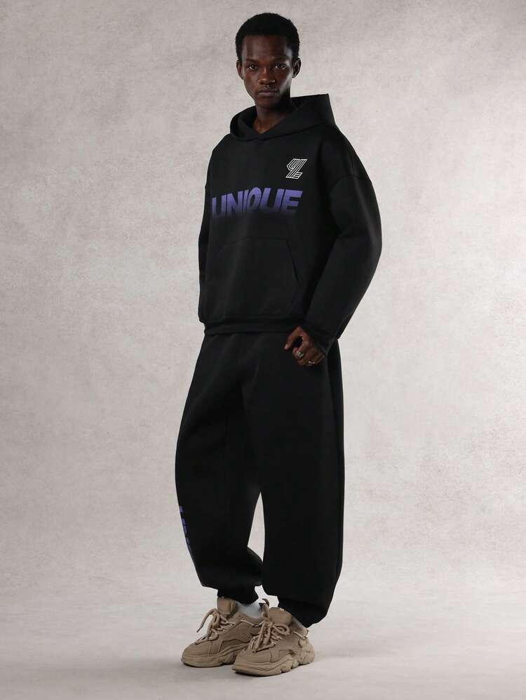 Men's Letter Print Thermal Lined Jogger Pants And Hoodie Set, Autumn/Winter