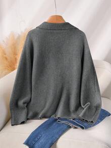 CosyJoli Plus Size Women's Grey Ribbed Knit Pullover Sweater,Autumn Smart Casual Everyday Solid Turndown Collar V-Neck Loose Lightweight Collared Sweater - Grey - View 2