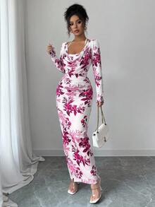 Elenzga Đầm ôm sát cơ thể mini dáng ôm, cổ xếp nếp, buộc eo, họa tiết hoa xanh trắng phong cách mới, gợi cảm, thanh lịch, thu/đông - Màu tím - Xem 5