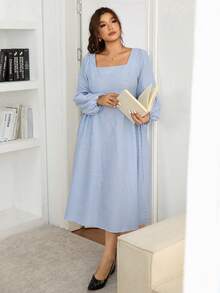 SHEIN Frenchy Plus Size Women's Square Neck Blue And White Striped Long Sleeve Casual Dress