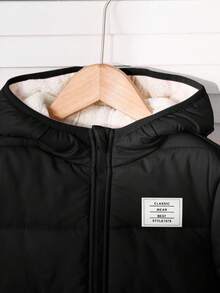 SHEIN 年轻女孩纯色休闲连帽拉链棉服外套 - 黑與白 - 查看 5