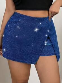 SHEIN EZwear 秋冬大码亮面缺口翻领单排扣西装外套和短裤套装 - 藍色 - 查看 5
