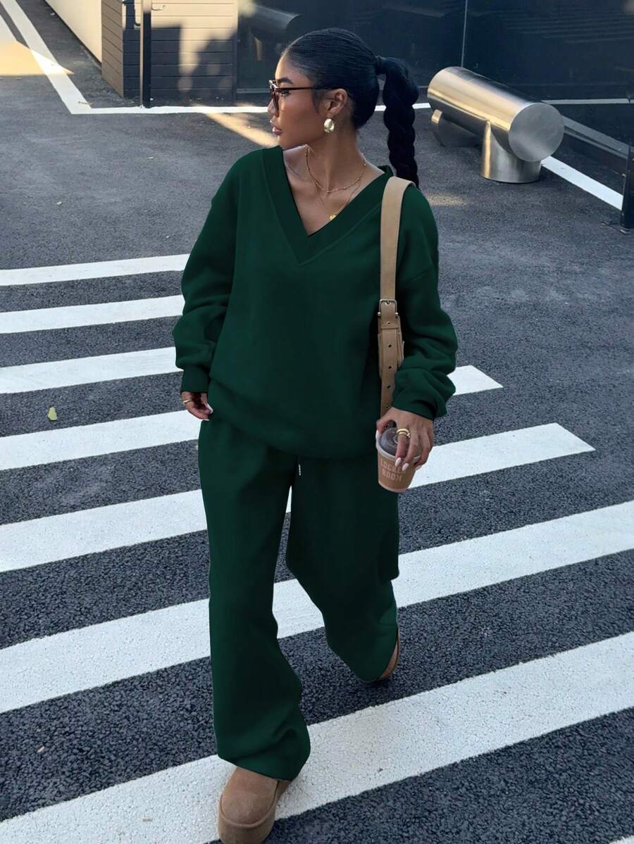 Muchica 2 件套女士橄榄绿色 V 领超大蓬松羊毛弹力宽松休闲运动衫和运动裤套装，秋冬 - 墨綠色 - 查看 1