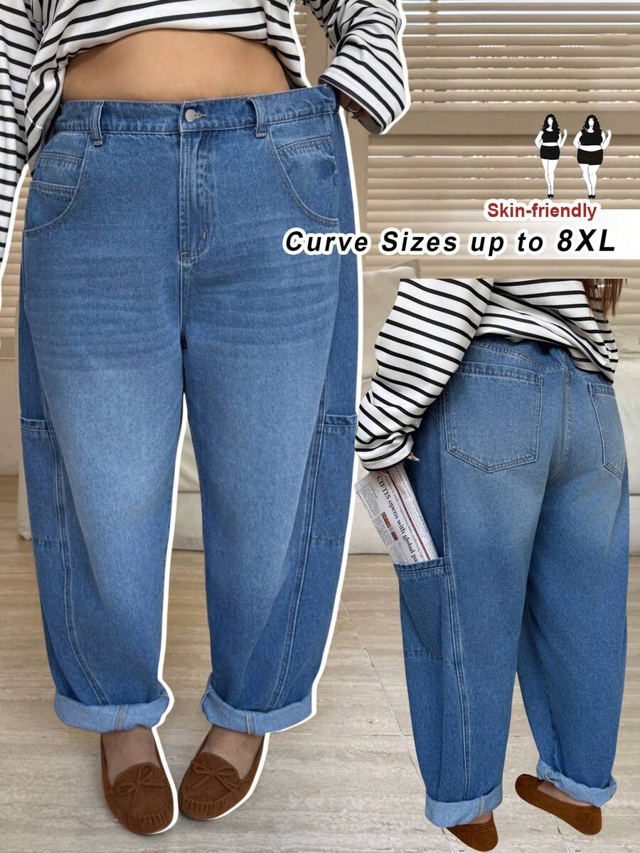 SHEIN CURVE+ 大码女式高腰口袋宽松锥形休闲牛仔裤，圣诞牛仔，圣诞节，新年，新年，大码牛仔裤，曲线修身牛仔裤，超大牛仔裤，松紧腰牛仔裤，宽松牛仔裤，锥形牛仔裤，9/10长度牛仔裤，卷边牛仔裤，多口袋牛仔裤，宽松牛仔裤，高腰大码牛仔裤，圣诞牛仔，冬季休闲牛仔裤，假日旅行牛仔裤，舒适大码裤装，节日牛仔裤，日常曲线牛仔裤，休闲通勤牛仔裤，户外风格牛仔裤，轻松牛仔裤，极简牛仔裤，法式休闲大码裤装，低调奢华牛仔裤，日常舒适牛仔裤，大码日常牛仔裤，曲线休闲牛仔裤，大码工作裤，妈妈牛仔裤，适合曲线身材的牛仔裤，曲线友好牛仔裤，舒适大码牛仔裤，大码锥形卷边牛仔裤，高弹宽松版型，适合身材丰满的女性，休闲复古风牛仔裤，尺码 8XL - 藍色 - 查看 1