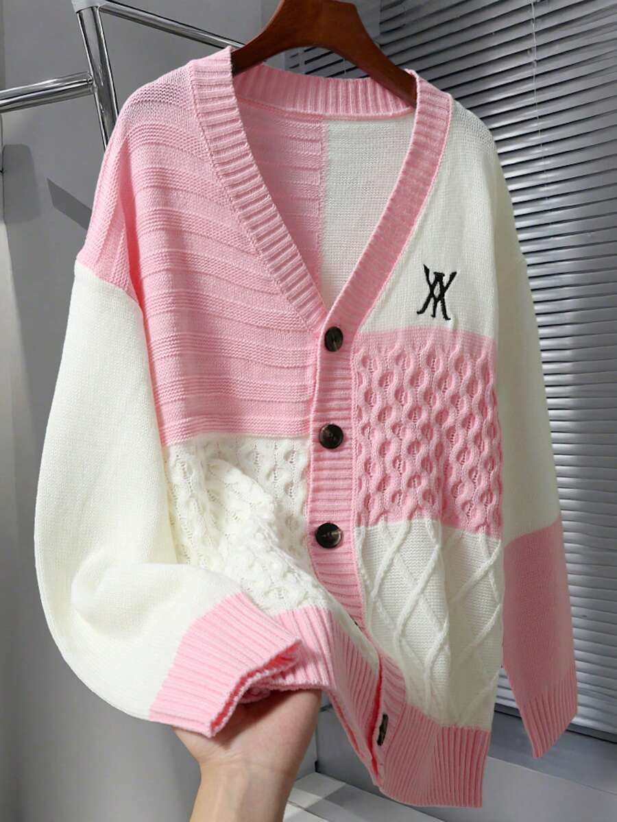 Manfinity Homme 男士休闲通勤刺绣拼接落肩宽松长袖开衫，秋冬款 - 粉色 - 查看 1