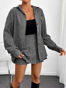 Corduroy Shirt Pleated Skirt Two Pieces Set - Grey - View 6