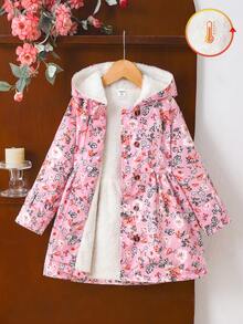 SHEIN Elladie kids 女童印花保暖连帽双排扣冬装外套，时尚休闲日常穿着 - 粉色 - 查看 6