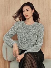 Dazy-Less 优雅亮片点缀商务休闲百搭圆领针织毛衣，适合女士穿着，秋季、冬季、新年、圣诞节嘉年华等场合。 - 灰色 - 查看 7