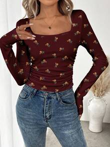 SHEIN LUNE Áo thun dài tay thường ngày dành cho nữ, thích hợp mặc trong lớp lót mùa thu đông, xếp ly eo, cổ vuông, họa tiết hoa cổ điển, áo màu nâu đỏ, họa tiết hoa hồng - Nhiều màu - Xem 3