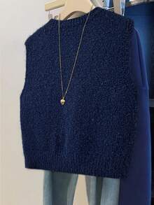 GlowEve Damski sweter-kamizelka w jednolitym kolorze, swobodny, z okrągłym dekoltem