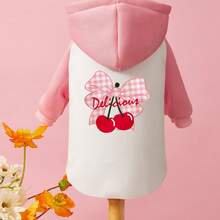 PETSIN 1 pieza Sudadera con capucha para mascotas con estampado de carta de cereza con lazo rojo para el Día de San Valentín, de patchwork rosa, blanco, gruesa y cálida para otoño e invierno, a prueba de viento para el hogar