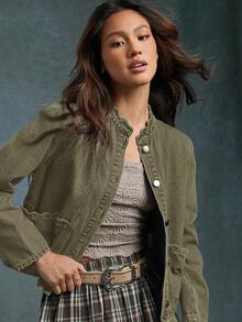 WESTFADE Summer Denim Scallop Trim Fitted Long Sleeve Denim Jacket - Olive Green - View 6