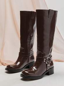 SHUZIA New Versatile Women's Fashion Chocolate PU Daily Versatile Comfortable Knee-High Biker Boots Fall Winter Holiday Shoe