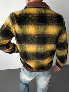 Manfinity Roghcode Men's Yellow Plaid Long Sleeve Patchwork Collar Zip-Up Jacket,Vintage Grunge Streetwear Shacket,Autumn Holiday Baggy Windbreaker Winter Sweater Jacket - Multicolor - View 2