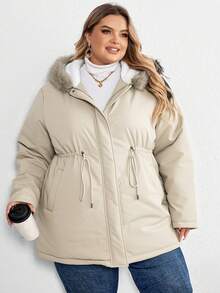 SHEIN CURVE+ Curve Plus Size Solid Colored Hooded Padded Coat With Waist Drawstring/Winter - Apricot - View 5