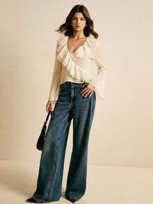 Poéselle Women's Solid Color V-Neck Ruffle Trim Raglan Sleeve Casual Elegant Blouse, Wrap Tops For Women, White Blouse, Ruffle Blouse ,Sheer Tops For Women