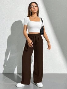 SHEIN PETITE 純色綁帶直筒寬鬆休閒高腰寬腿褲，秋季，女款秋裝，女款冬裝，小個子女性 - 摩卡棕 - 查看 5