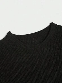 SHEIN 青少年男孩休闲纯色圆领针织毛衣，简约百搭百搭上衣，适合通勤、学校、日常休闲、度假、户外、大学派对、秋冬 - 黑色 - 查看 5