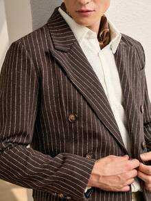 RONVEXI 男士条纹印花双排扣商务长袖西装外套 - 棕色 - 查看 2