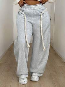 Maweii Plus-Size Women's Casual Sweatshirt Fabric Trousers, With Drawstring Design, Suitable For Everyday Wear, A Versatile Item.Summer,Sexy,Vacation,Leopard,Cheetal Christmas, And New Year's. - Grey - View 1