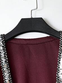 SHEIN LUNE 女式天鹅绒串珠装饰开衫 - 酒紅色 - 查看 4