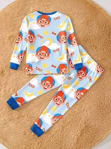 Blippi X SHEIN Young Boy 2pcs Cartoon Figure Cloud & Moon Print Crew Neck Long Sleeve Top And Leggings Knit Pajama Set - Multicolor - View 2