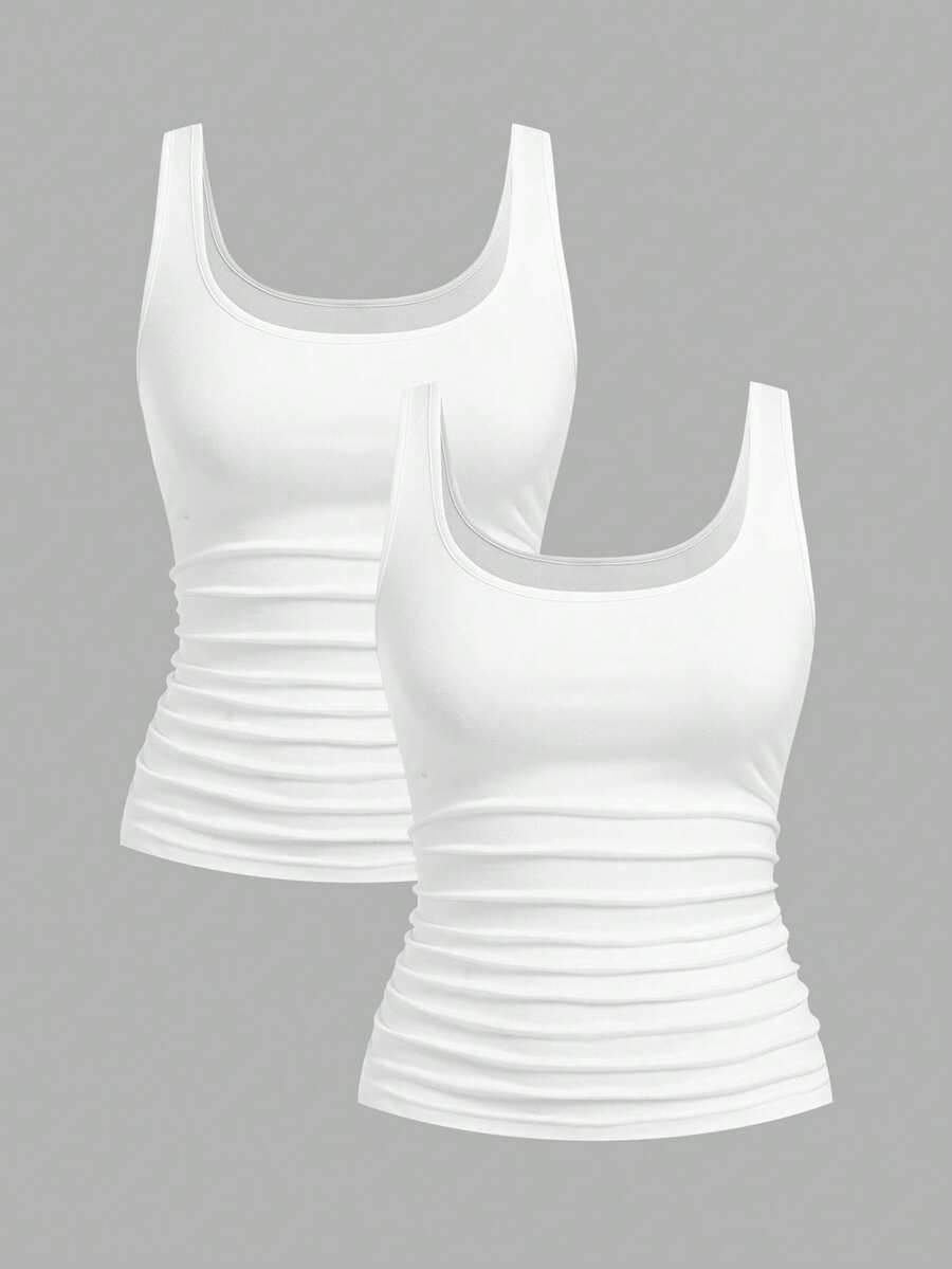 Slaydiva White Women's Casual Crew Neck Ruched Fitted Tank Top Set, Versatile For Daily Wear - White - View 1