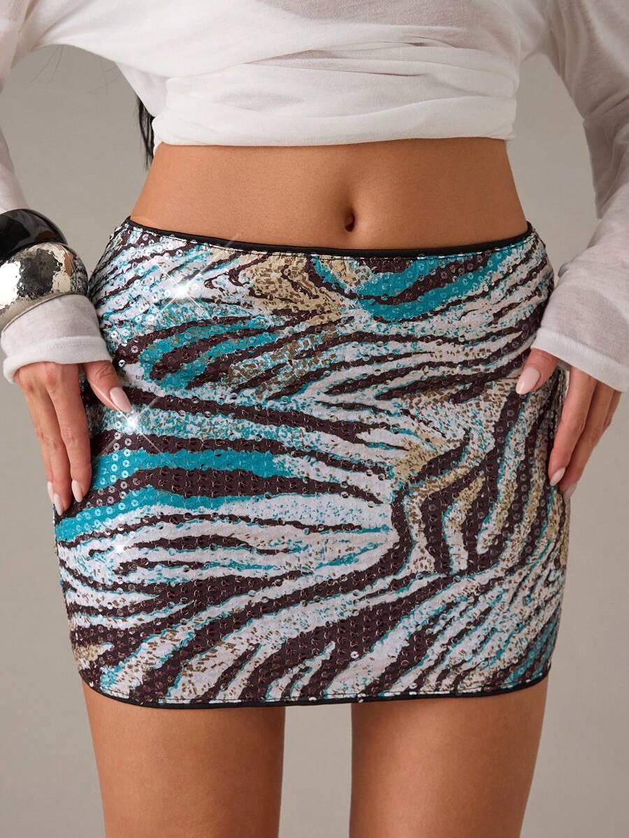 SHEIN BAE Women's Fashionable Party Sequin Mini Skirt Cheetah Print - Multicolor - View 1