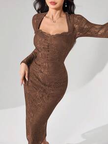 Modelyn Square Neck Lace Long Sleeve Fitted Midi Dress For Women - Brown - View 3