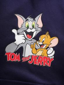 TOM & JERRY X SHEIN 男士休闲可爱卡通图案口袋保暖连帽衫，秋季款，长袖上衣 - 藏蓝色 - 查看 4