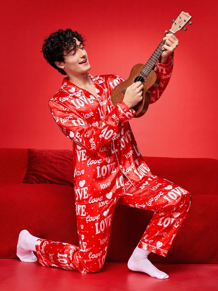 FamilyFrolics 2件套圣诞主题印花卡通趣味圣诞老人缎面舒适家居睡衣套装，礼盒包装，内含拐杖糖、铃铛、雪花、雪人图案，适合家庭聚会、男士休闲服、冬季服装 - 彩色 - 查看 1